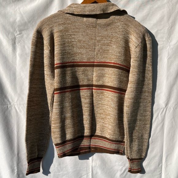 Vintage 70s Knit Space Dye Geometric Collared V-Neck Long Sleeve Brown Sweater - Picture 5 of 10